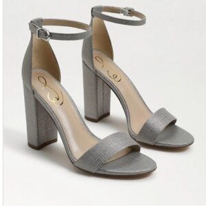 Sam Edelman Yaro Pewter Metallic Block Heel Ankle Strap Buckle Closure Sz 8.5